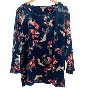 White Stag Blue Velvet Cherry Blossom Crane Top Asian inspired Plus Size 2X